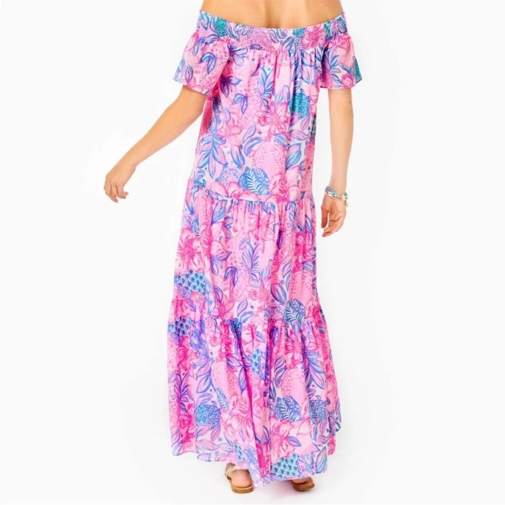 Lilly Pulitzer Dezi Off Shoulder Maxi Dress Pink Snappy Turtle - Picture 3 of 7